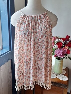 7th Ray Boho Floral & Pom-Poms Tank, Size XL Style#T-4647-1